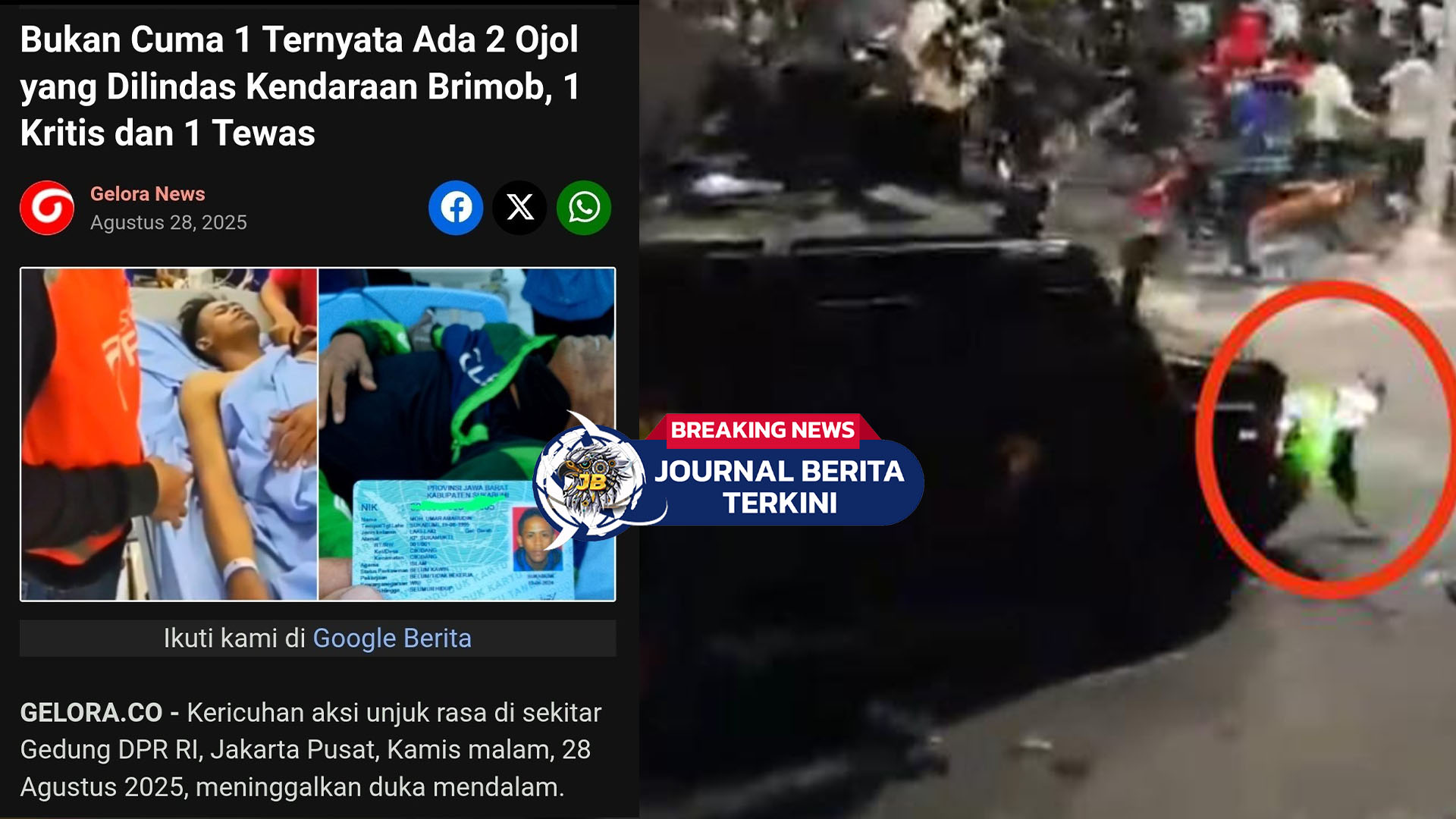 [VIDEO] Mengerikan! Detik-Detik Driver Ojol Ditabrak Mobil Rantis Polisi di Pejompongan saat Demo Ricuh