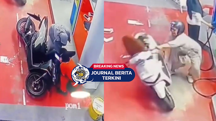 [VIDEO] Momen Dua Emak-Emak Terjatuh Saat Mengisi BBM, Motor Kehilangan Keseimbangan